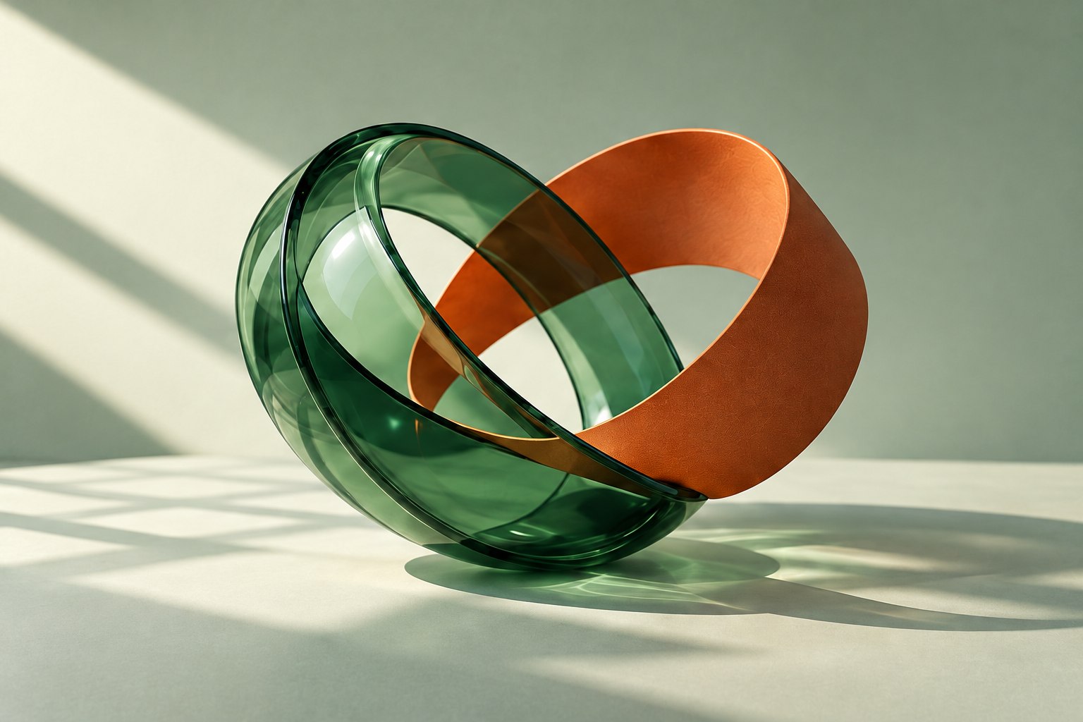 An abstract sculpture of interlocking green glass and copper ribbons.